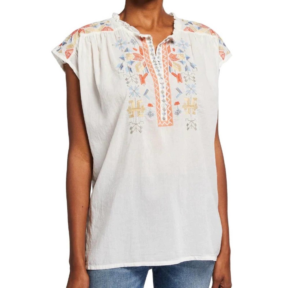 Johnny Was Biya Natural Haddie Floral Embroidered Boho Blouse Top